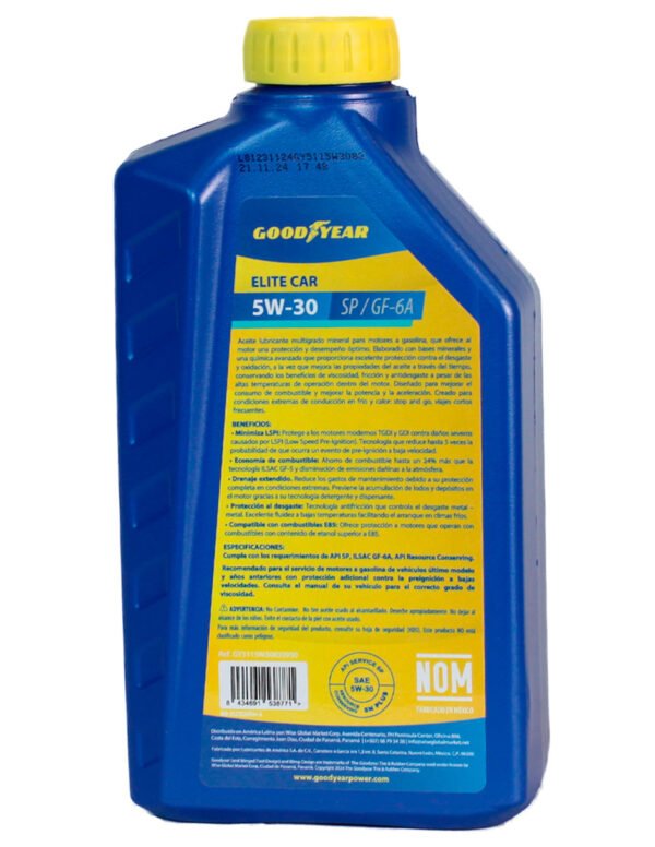 GY5115W30830950_3P Aceite mineral Goodyear Elite Car Expert 5W-30 para motor a gasolina API SP , 950 ml